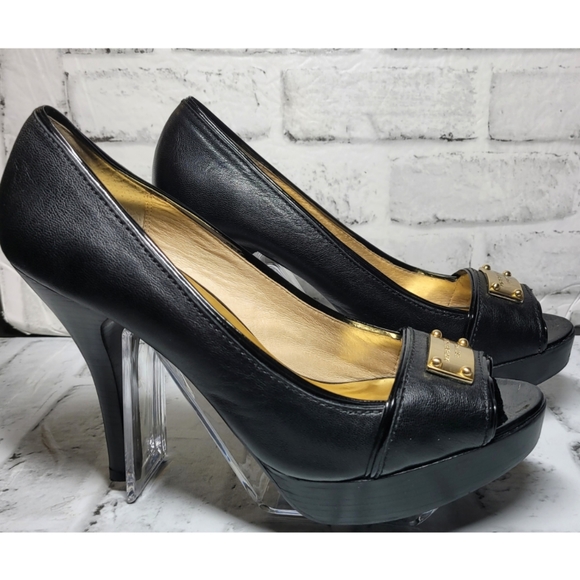 Michael Kors Women Black Peep Toe Heels Size 10M Gold Plaque Logo Label Platform - Picture 5 of 11